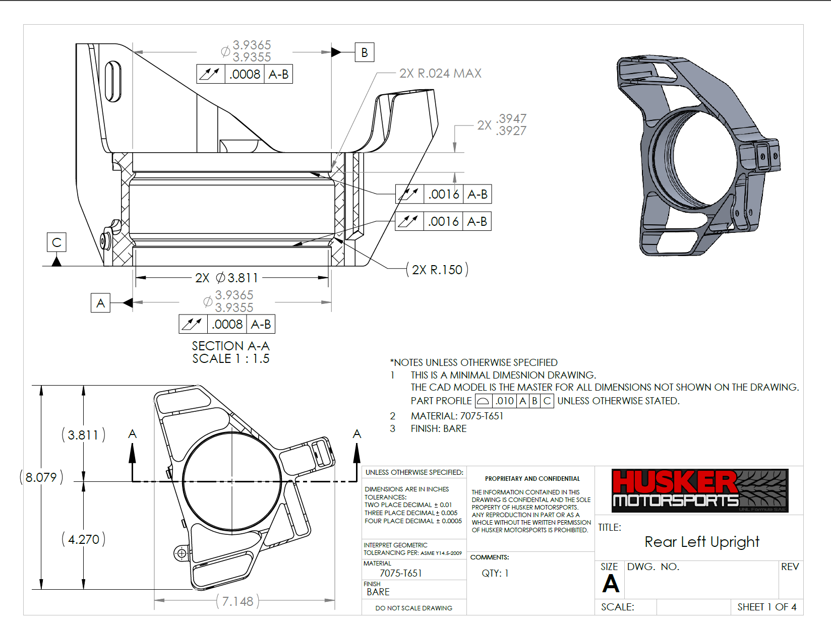 Engineering drawing titled Rear Left Upright, with dimensions, section views, an isometric view, and manufacturing notes